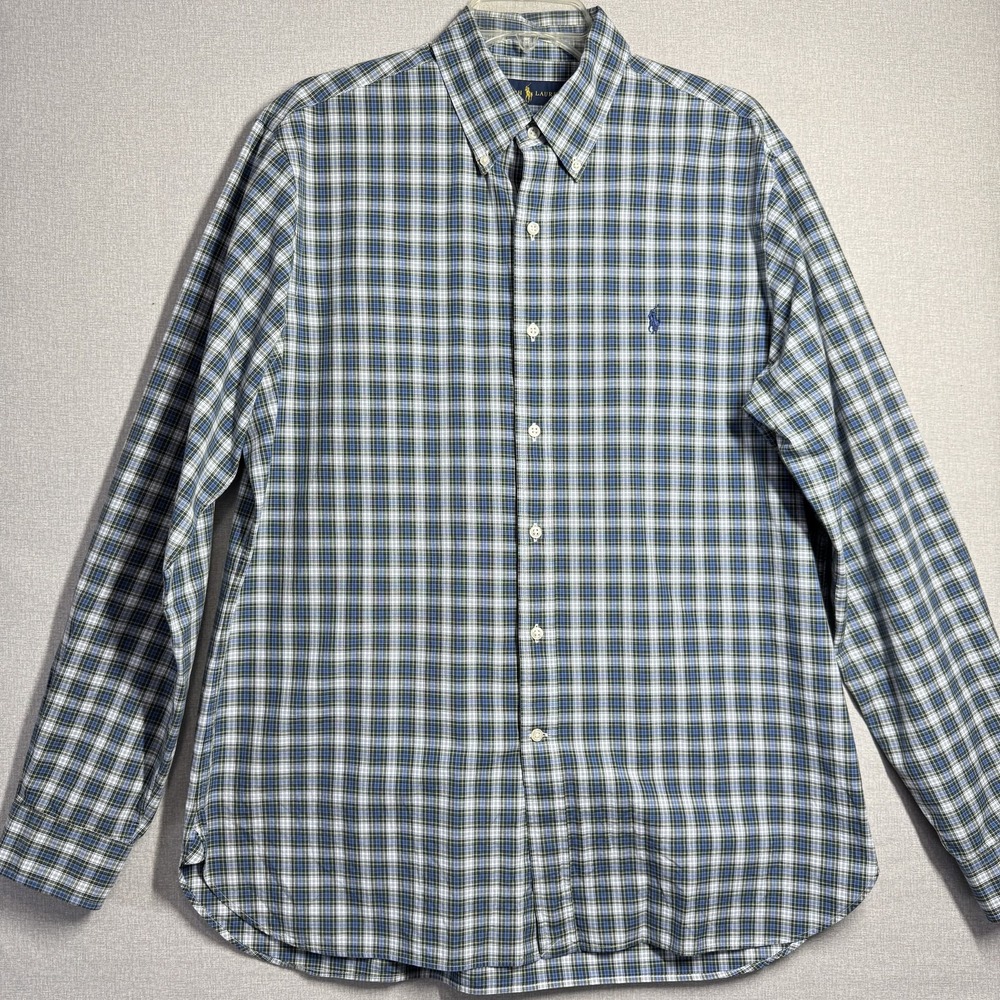 Ralph Lauren Shirt Mens 16 1/2 Blue Green Plaid Button Down Long Sleeve Pony